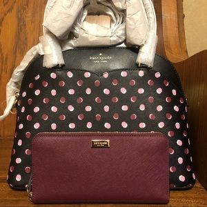 NWT-Kate Spade-SET-Fiesta Dot-Payton Medium Satchel &Neda Cherrywood Wallet-$588